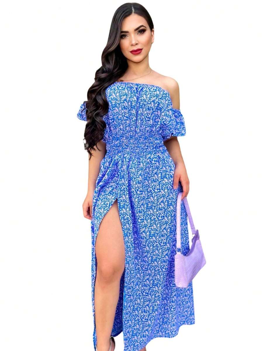 Long  Lastex Dress With Slit Shoulder To Shoulder Delicate Summer - Xanh và trắng - Xem 1