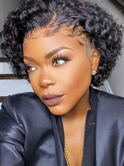 巴西短发假发 13X1 短卷发蕾丝前假发 女士短卷发假发 预拔 13x1 蕾丝前卷发 非洲式卷发 带婴儿发