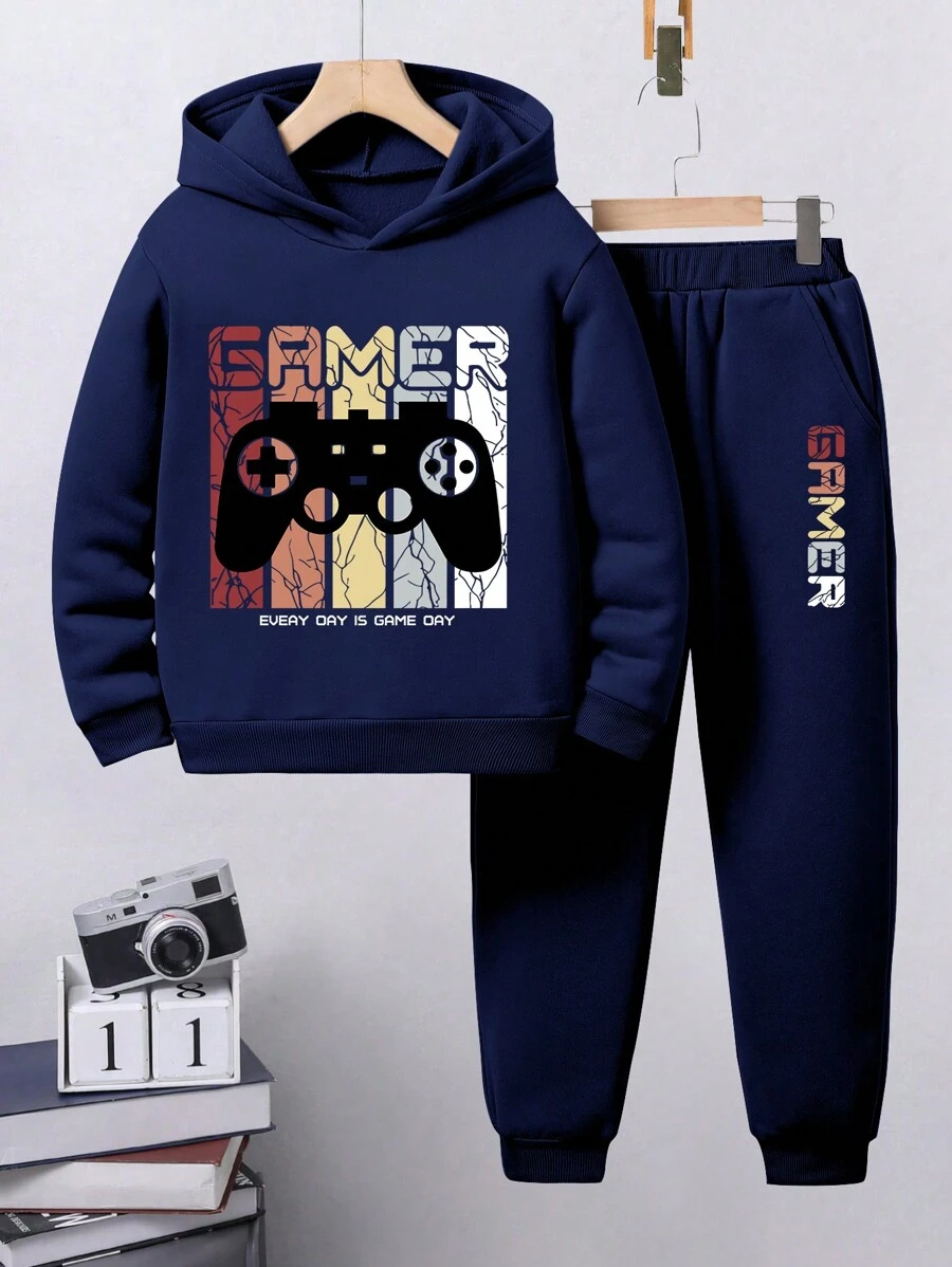 男童卡通印花连帽运动衫和运动裤套装 - 寶藍色 - 查看 1