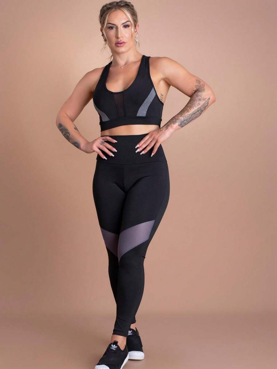 Women's Fitness Gym Set High Waist Leggings With Mesh Detail On The Leg And Swim Top With Mesh Front Workout F7 NEW STYLE - 灰色 - 查看 1