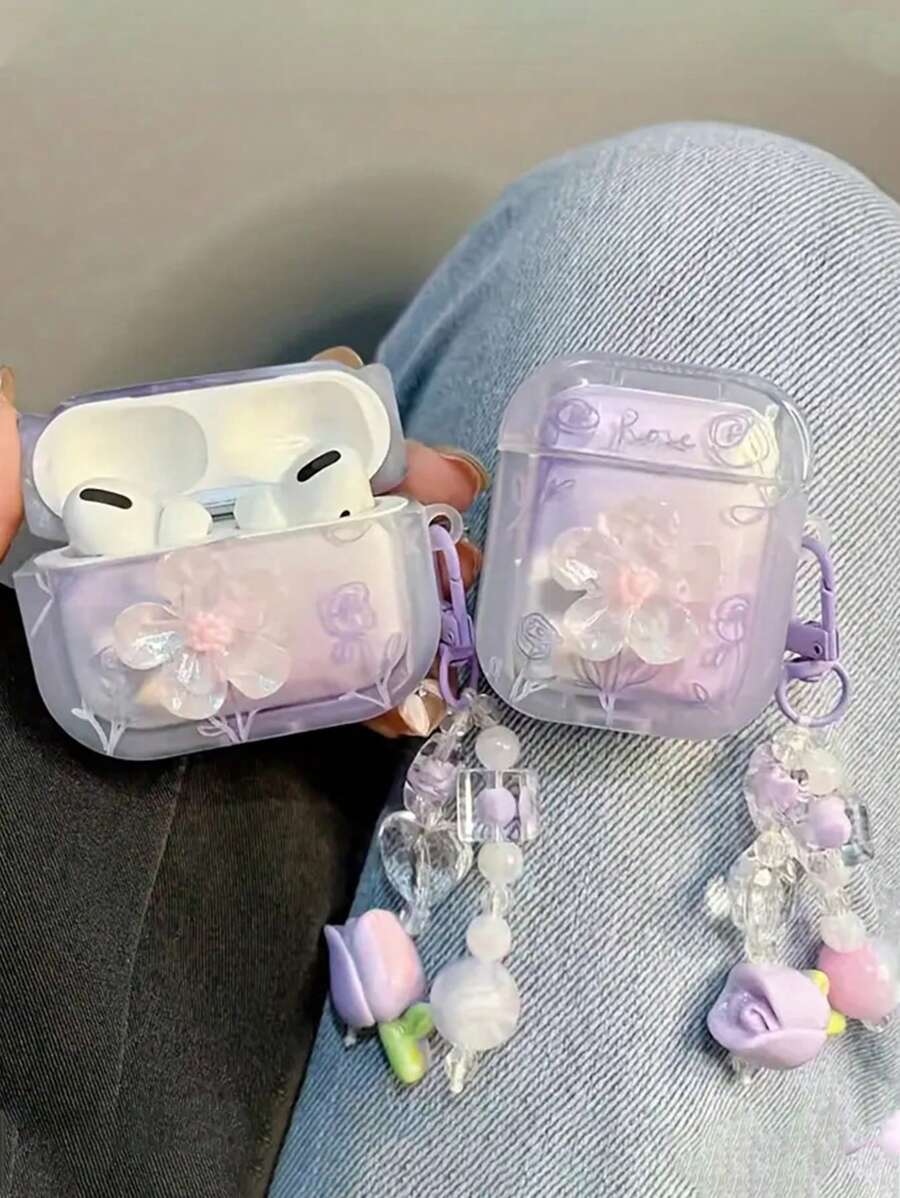 1 件紫色 3D 花卉 + 郁金香吊坠耳机盒兼容 iPhone、AirPods 1/2，新款无线耳机保护盒兼容 Airpods 3/4/Pro/Pro2，男朋友/女朋友礼物 - 紫色立體花朵+鬱金香掛墜 - 查看 1
