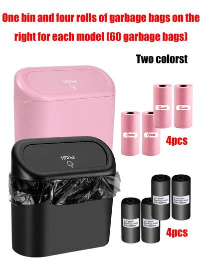 1 lata de lixo e 4 rolos de sacos de lixo (15 por rolo, 60 sacos de lixo no total), duas cores, lata de lixo de carro super fofa e super prática e saco de lixo