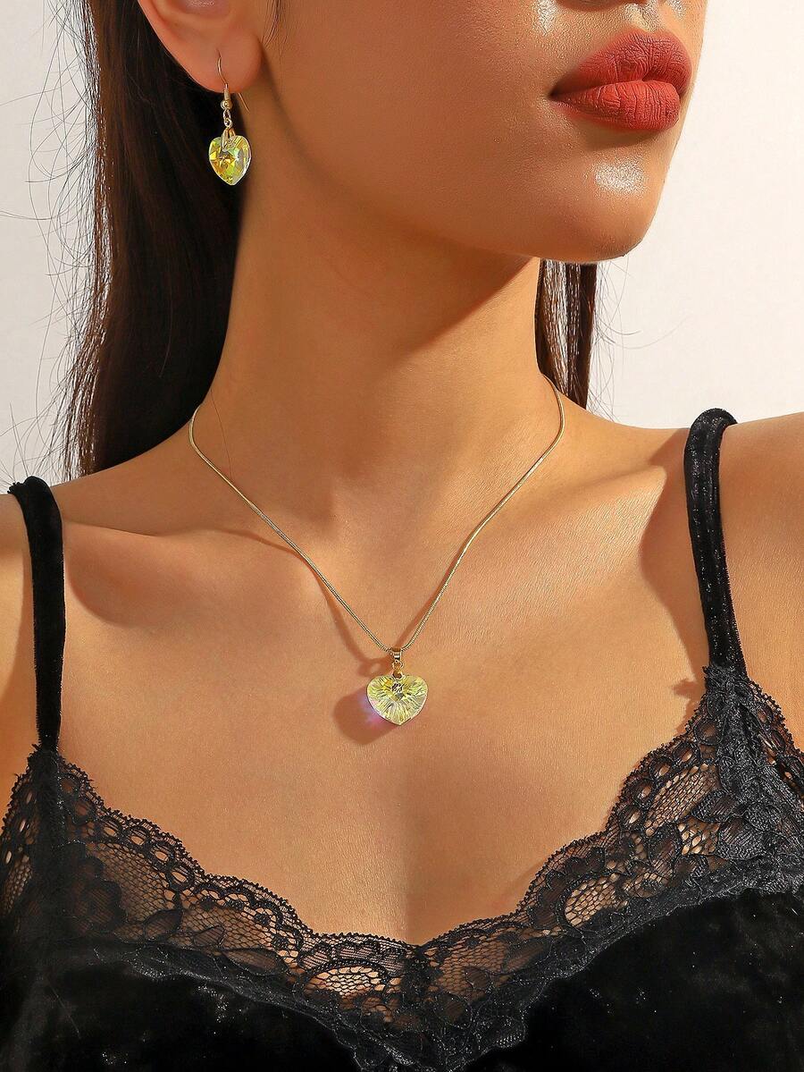 2 件套时尚简约心形水晶项链和耳环首饰套装，适合日常佩戴 - 白AB色 - 查看 1