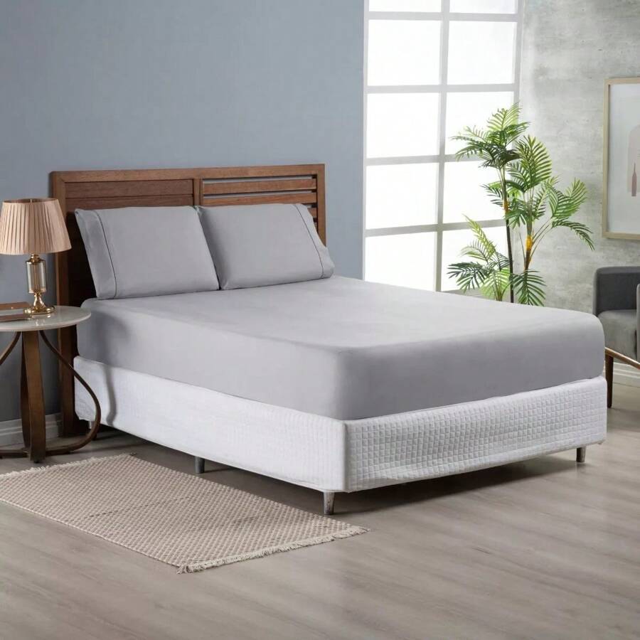 Double Bed Linen Sheet Set Standard 3 Pieces Palito Stitch Micropercal 400 Thread Count Pelletized - 灰色 - 查看 1