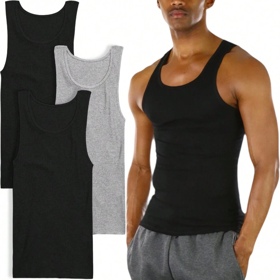 ToBeInStyle Men's Multi-Pack Of Slim Fit Shallow Scoop Neck Sleeveless A-Shirts - 3 Pack: 2 Black 1 Grey - View 1