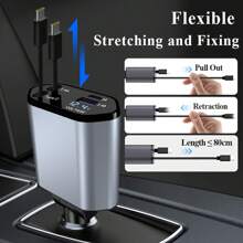 120W 4-In-1 Retractable Super Fast Car Charger - Fast Charging Adapter With Type C/For Ios Retractable Cables Compatible With IOS 15/14/13/12/11, Galaxy, Pixel And All IOS And Android Devices - Safe And Reliable Car Plug With 36V Operating Voltage