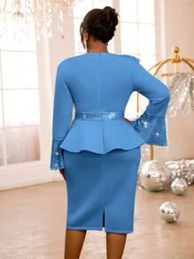 大码女式荷叶边喇叭袖亮片装饰圆领派对修身连衣裙，长袖鸡尾酒会半正式礼服，适合生日、毕业典礼、婚礼、返校节和其他场合 - 藍色 - 查看 2