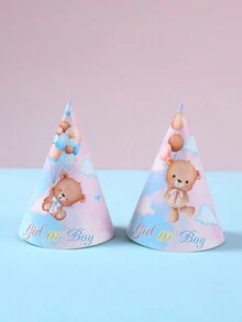 6顶棕熊纸质生日帽，性别揭晓派对用品，生日派对帽 - 彩色 - 查看 4