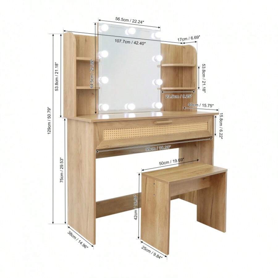 Vanity Desk Set Stool & Dressing Table With LED Lighting Mirror Drawer