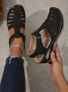 Women's Thick Platform Sandals, Sexy Hollow Out Design Mid-Heel Black Closed Toe Slip-On Shoes For Mothers