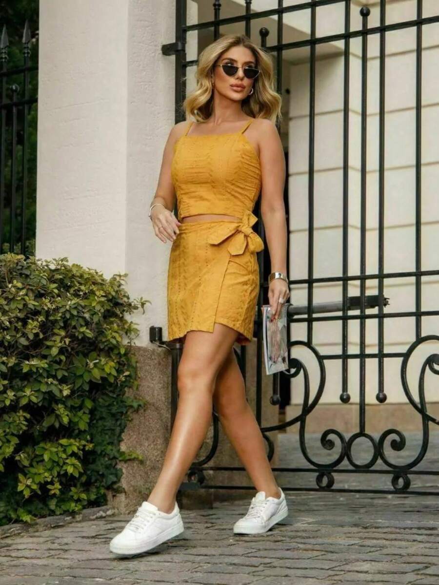Women's Set In Laise Shorts Skirt With Side Pocket And Cropped Top With Thin Straps Spring Summer Comfortable Casual 2 Pieces - 芥末黃 - 查看 1