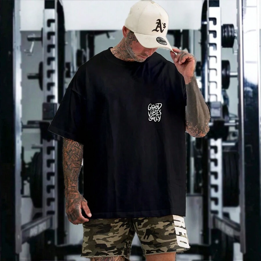 Men's Oversized Good Vibes T-Shirt Bodybuilding Gym Workout Shirt - 黑色 - 查看 1