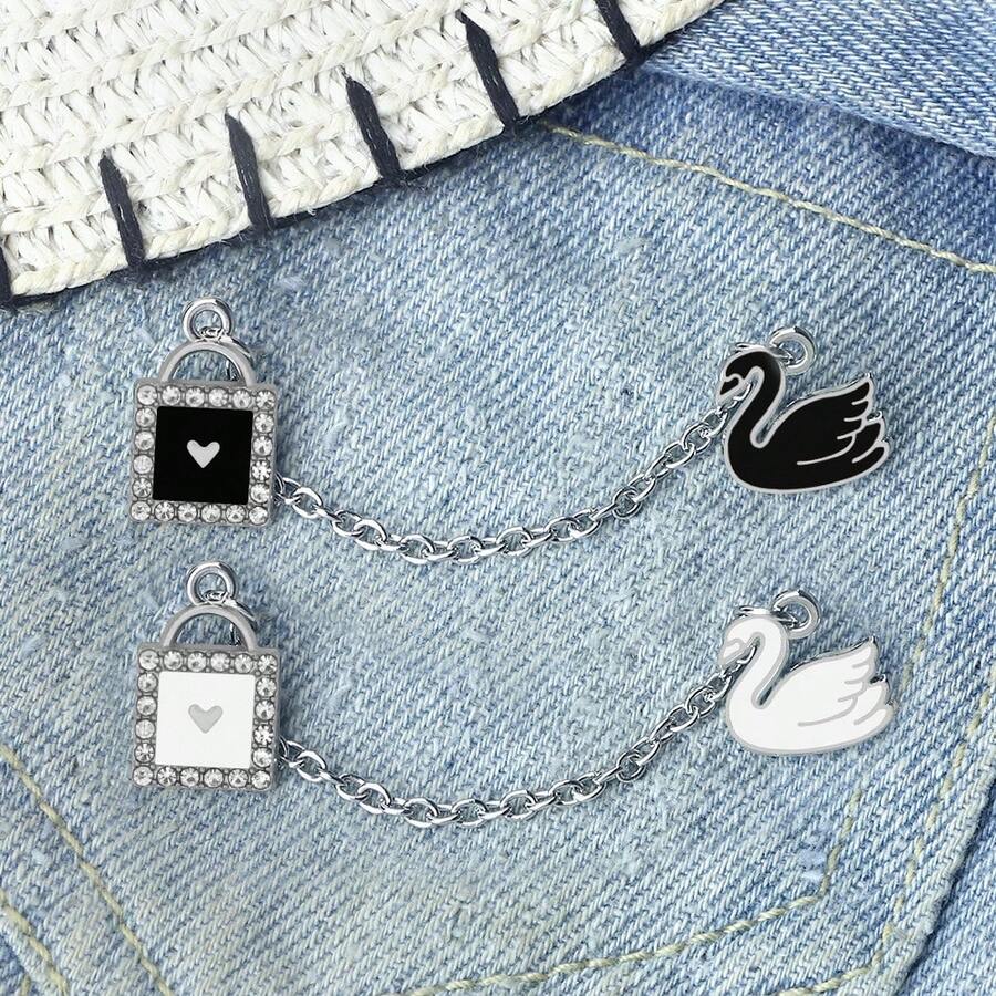 1 chiếc khóa tình yêu pha lê thiên nga đen trắng có dây xích tráng men trâm cài áo cặp đôi hoạt hình thanh lịch huy hiệu ba lô dễ thương trâm cài ve áo trang sức quà tặng - Nhiều màu - Xem 1