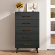 5 Drawer Storage Cabinet, Tall Chest Of Drawers, Christmas And New Year Gift Vertical Storage Cabinet, Dressing Table  With Metal Handles, Wood Storage Organizer Dresser Nursery Dresser - 黑色 - 查看 2
