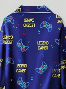 Tween Boy 游戏图案撞色滚边长袖衬衫和宽松长裤 2 件套睡衣套装