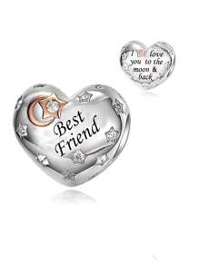 HuooNew 1pc Exquisite 925 Sterling Silver "I Love You To The Moon And Back" Heart Shaped Beaded Charm, Suitable For Family, Party & Gift - Silver - View 10