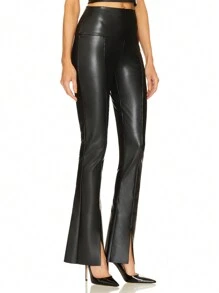 Lynfun Women High Waisted Flare Leg Pants, PU Leather Skinny Stretchy Leggings, Casual Breathable PU Patchwork Long Trousers