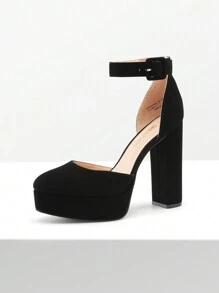 Women's High Chunky Heels Pumps Elegant Solid Color Platform Ankle Strap Dress Round Closed Toe Wedding Party  Fashionable Comfortable Shoes - ĐEN/NUBUCK - Xem 4