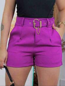 Women's Tailored Shorts With Covered Belt - Purple - View 2