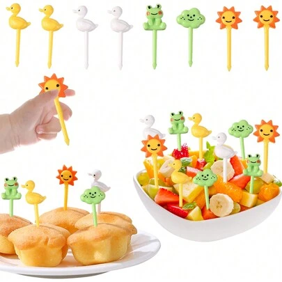 8pcs Random Color Cartoon Duck Fruit Fork Candy Fork Party Cake Dessert Decor Picks Christmas Gift