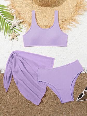 New Summer Girls' Swimwear Set, Snake Skin Pattern Fabric, Solid Color, 3 PiecesSwimsuit For Teens