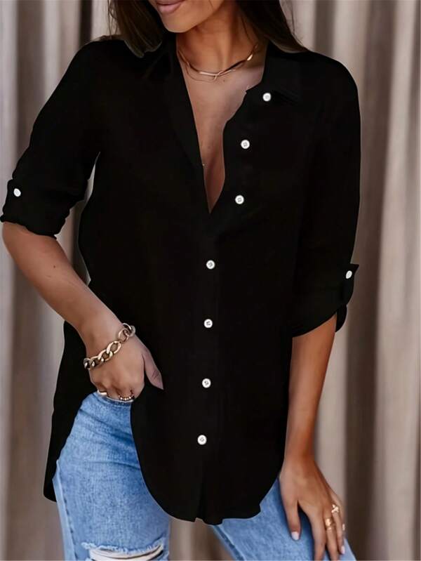 Plus Size Women's Solid Color Button-Up Long Sleeve Casual Shirt Blouse