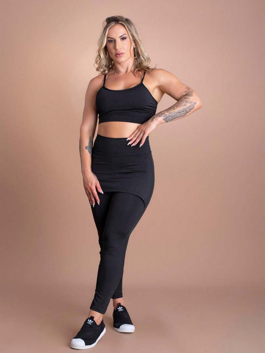 Women's Set Leggings, High Waist Butt Covering Skirt And Cropped Top With Straps, Workout Fashion F7 NEW STYLE - 黑色 - 查看 1