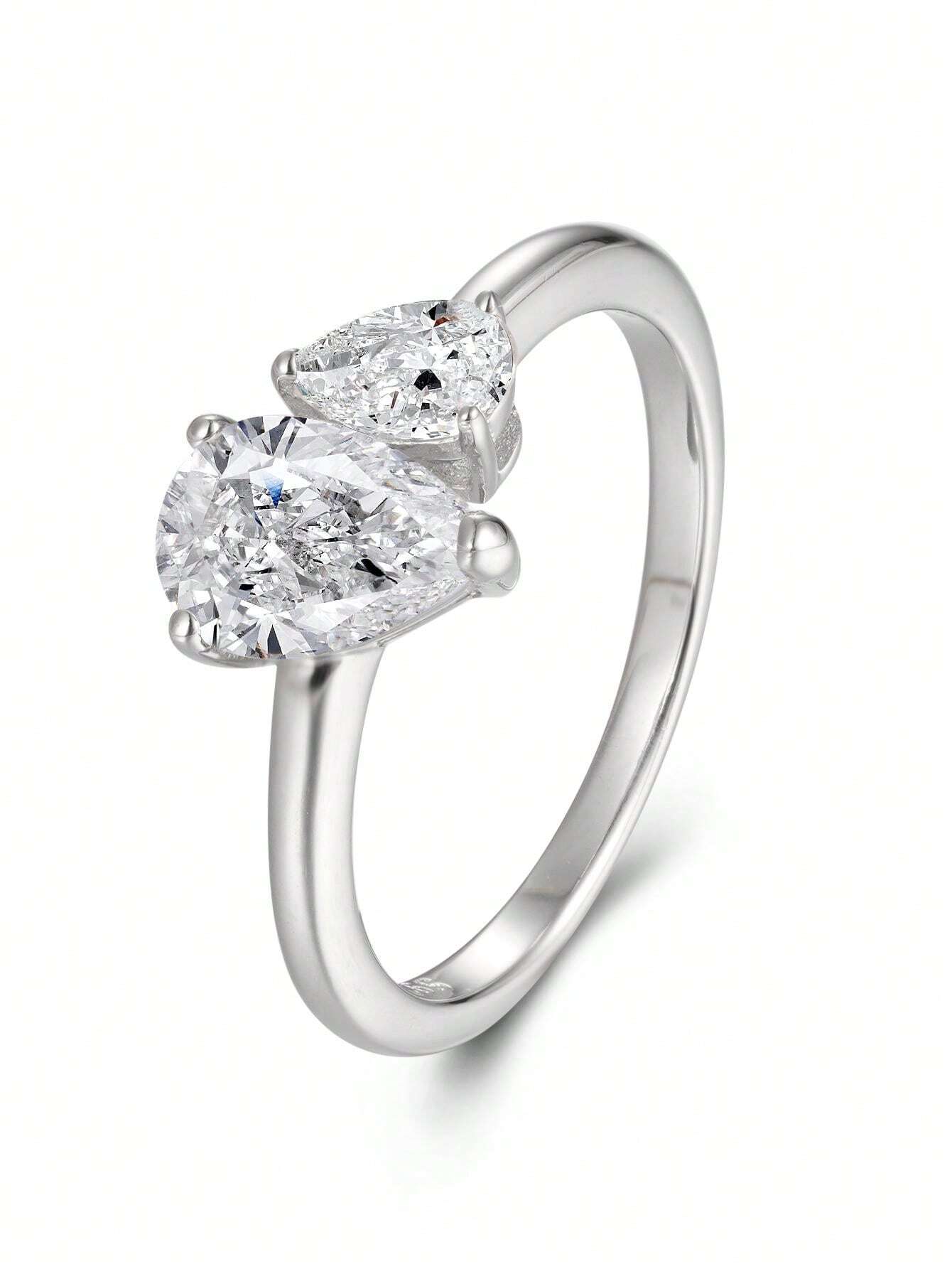 Fashionable Simplistic 18K White Gold Plated Pear Shape Double Diamond