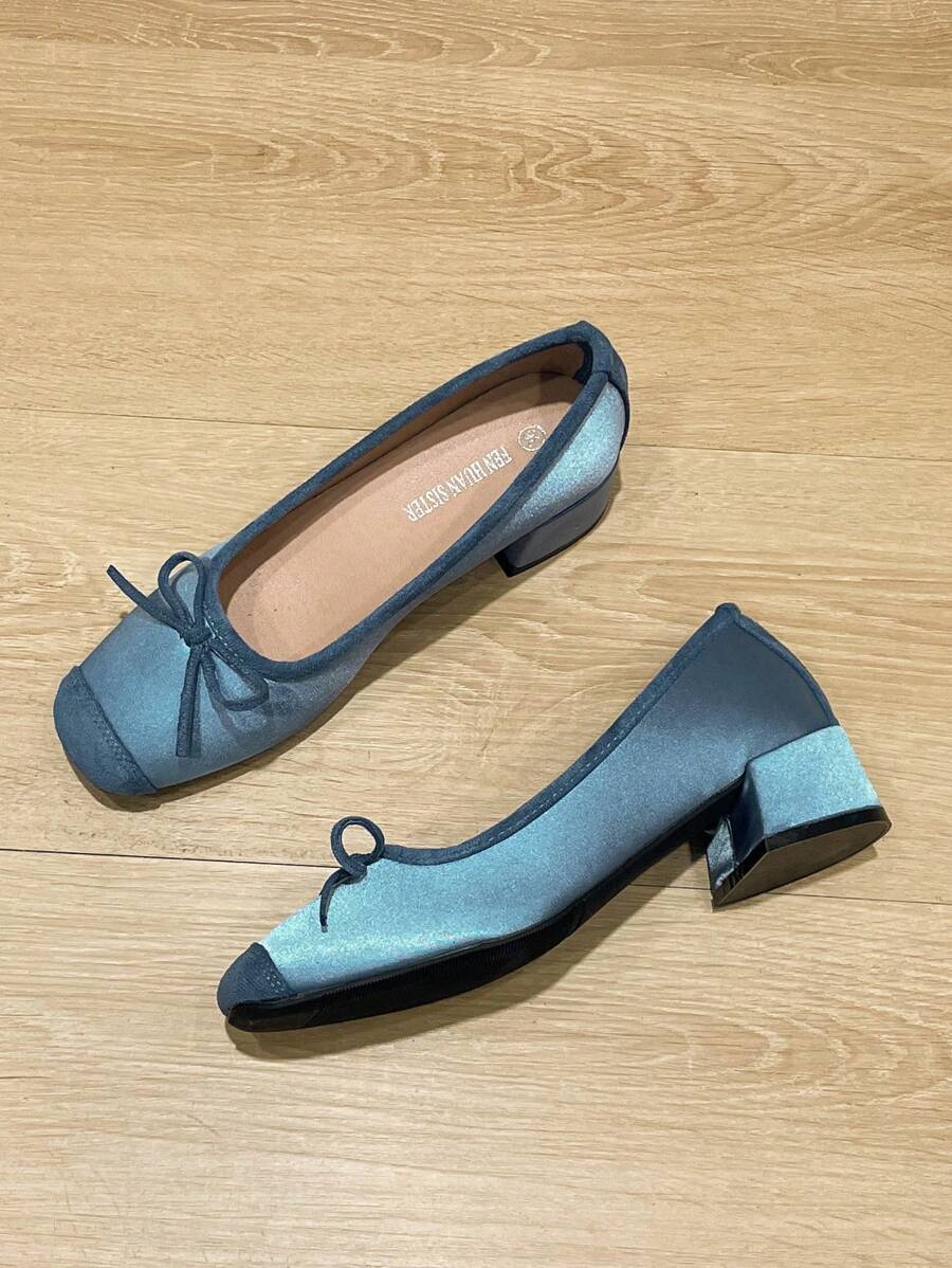 Giày cao gót mũi vuông cho nữ, giày bệt xỏ nơ đa năng, giày lười thời trang One Touch, giày cao gót màu ngọc lam, size lớn - Nước đá - Xem 1