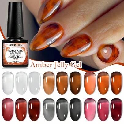 6 Colors Amber Gel Nail Polish Popular Jelly Color Gel Varnish Kit, Soak Off UV/LED Gel Polish Manicure DIY Salon At Home Gifts For Women