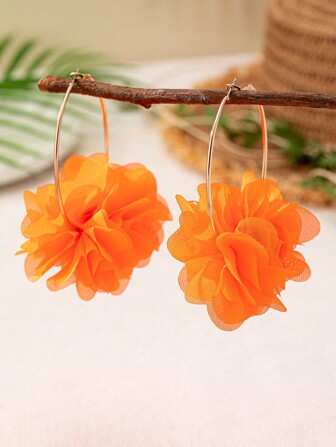 2pcs/Set Bohemian Style Orange Floral Fabric Earrings, Suitable For Women's Party And Holiday Gifts
