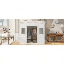 Full Size House Loft Bed With Ladder And Wardrobe-White - 白色+實木+全如圖 - 查看 3