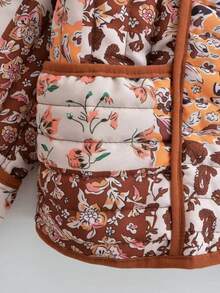 Abrigo acolchado con estampado floral colorido y solapa con botones para mujer, chaqueta corta de manga larga de color contrastante, para usar en otoño, Navidad y almuerzos