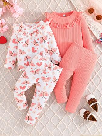 2pcs Baby Girl Casual Floral, Heart Print Long Sleeve Top And Solid Color Pants Outfit, Fall