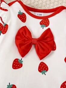 Baby Girl 1pc Cute Bow & Strawberry Print Newborn Jumpsuit