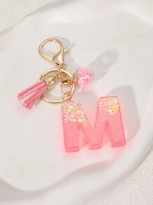 1pc Creative Letter Stone Resin Keychain With Tassel & Butterfly, Letter Pendant Keyring For Girls - Pink - View 6