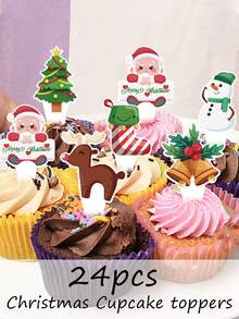 24 件/包圣诞派对纸杯蛋糕装饰，圣诞老人，铃铛，星星和更多圣诞派对装饰用品，圣诞快乐，生日派对纸杯蛋糕装饰，圣诞装饰，圣诞礼物，圣诞餐桌甜点装饰 - 彩色 - 查看 18