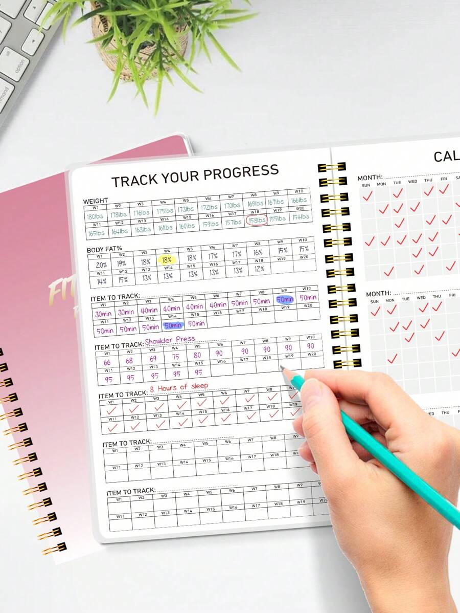 1 Nhật ký tập luyện thể dục dành cho nam và nữ, khổ A5 (5,7" X 8,1"), sổ lập kế hoạch tập luyện để theo dõi, tiến độ và đạt được mục tiêu sức khỏe của bạn, 80 tờ, 160 trang. - Nhiều màu - Xem 1