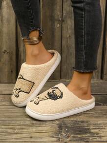 Chinelos Bordados com Tecido Macio e Aconchegante com Estampa de Filhote de Castor Cinza, Chinelos Quentes para Casa para Mulheres, Inverno