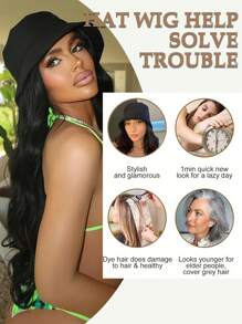 Synthetic Heat Resistant Wigs Black Long Wave  Curly Hair Wig With Hat 26 Inches For Women Black Bucket Hat Wigs - Black - View 7