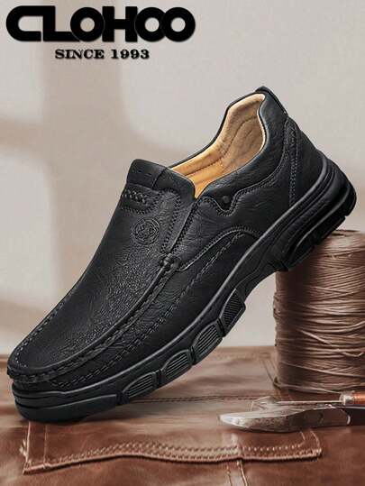  CLOHOO Brand Handmade Shoes, Rubber Sole Thick Bottom Breathable Casual Leather Loafers, Classic Handcrafted Stitching Men Shoes