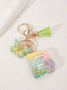 1pc Creative Letter Resin Drop Keychain With Butterfly Tassel Pendant For Girls - Multicolor - View 7