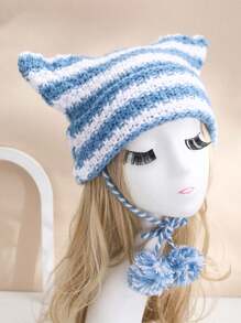1 Chiếc Mũ Len Dệt Kim Có Họa Tiết Sọc Ngựa Vằn Dễ Thương Cho Nữ Với Vành Tai Và Pom Pom, Có Thể Điều Chỉnh - Màu xanh lam - Xem 6