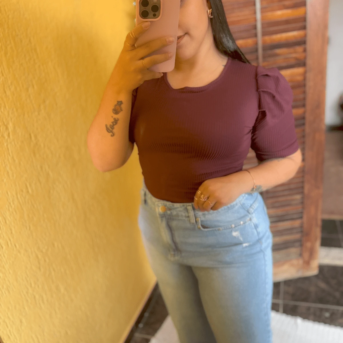 WOMEN'S RIBBED BLOUSE - Maroon - View 1