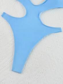 Women's Summer Beach Nylon Solid Color Spaghetti Strap Backless One-Piece Swimsuit - Baby Blue - View 8