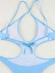 Women's Summer Beach Nylon Solid Color Spaghetti Strap Backless One-Piece Swimsuit - Baby Blue - View 7