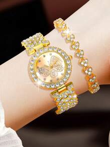 Women's Elegant Watch Set, Quartz Watch With Fully Rhinestone Butterfly Dial, Paired With Fully Rhinestone Bracelet, Gold Watch, Suitable For Daily Wear And Best Holiday Gift (No Gift Box) - Gold - View 2