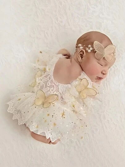 2pcs Newborn Baby Girl Photo Shoot Outfit Set, Shiny Star Printed Bodysuit With Lace Trim & Headband Baby Shower Family Decorations Gifts Baby Shower Easter Gift Things For Girls/Boys