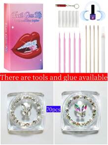 70 piezas Kit de joyería de dientes con piedras de imitación autoadhesivas: gemas de mariposa para dientes, piedras de imitación de fondo plano, diamantes redondos, decoración brillante para dientes, fácil de colocar y quitar, accesorios de cristal, gótica Y2K para Halloween, incluye herramienta y pegamento