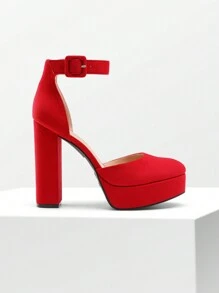 Women's High Chunky Heels Pumps Elegant Solid Color Platform Ankle Strap Dress Round Closed Toe Wedding Party  Fashionable Comfortable Shoes - Red - View 7